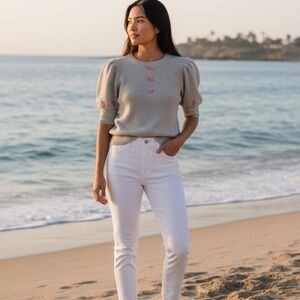 Zara Cream Knit Puff-Sleeve Sweater with Pink Embroidered Accents​